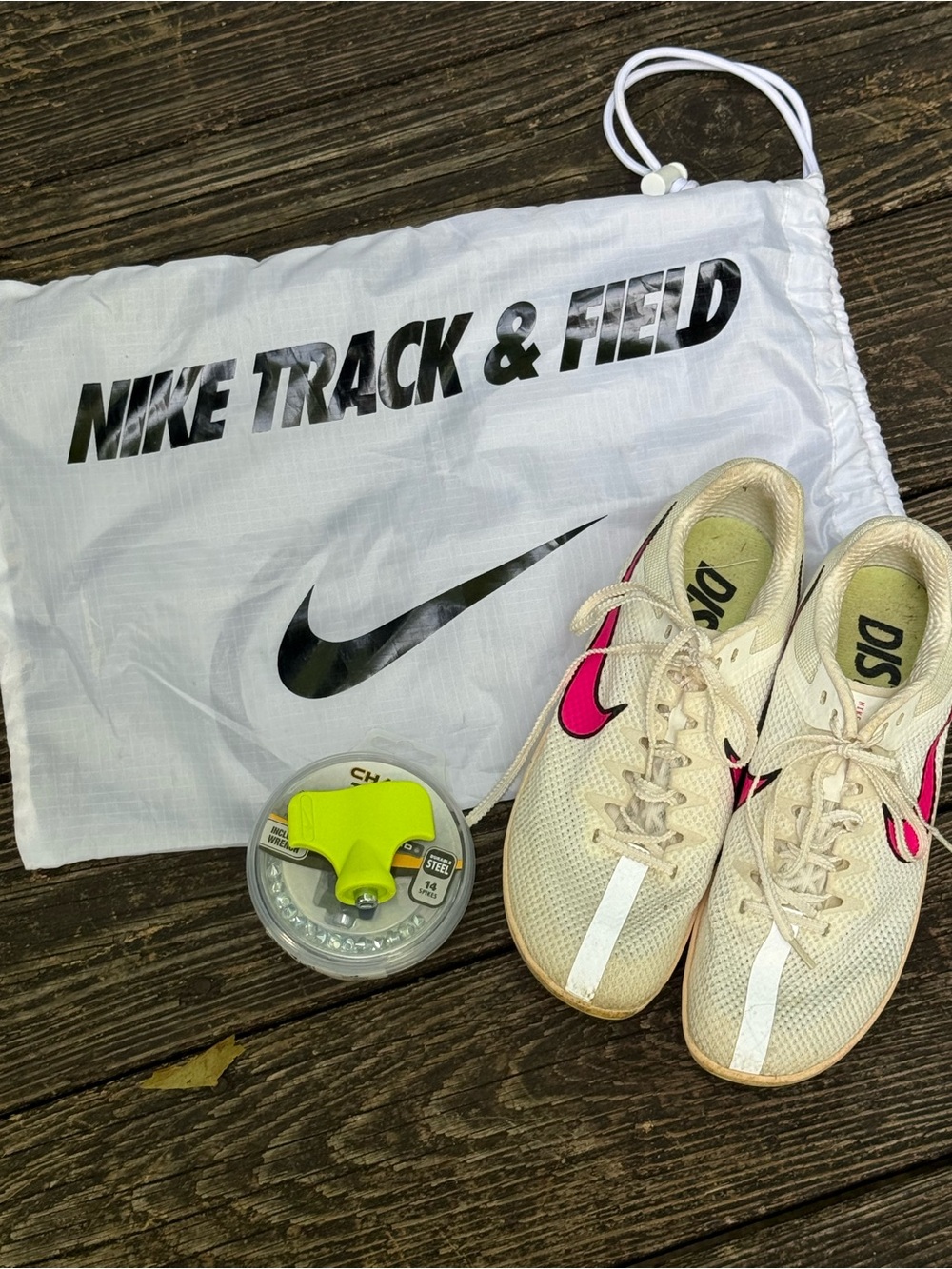 Nike White Track & Field Spikes with spine tool, extra spikes and bag